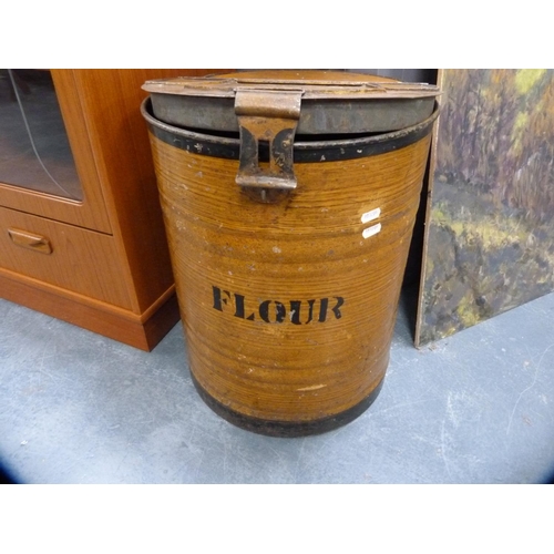 361 - Enamelled flour bin containing assorted tins.