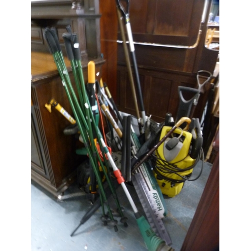 371 - Collection of walking poles, garden tools, pressure washer, hose etc.