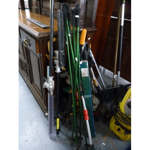 371 - Collection of walking poles, garden tools, pressure washer, hose etc.