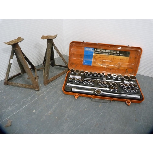 379 - Draper socket set and two axle stands.