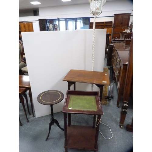 389 - Two occasional tables, two-tier table and a wrought iron lamp.