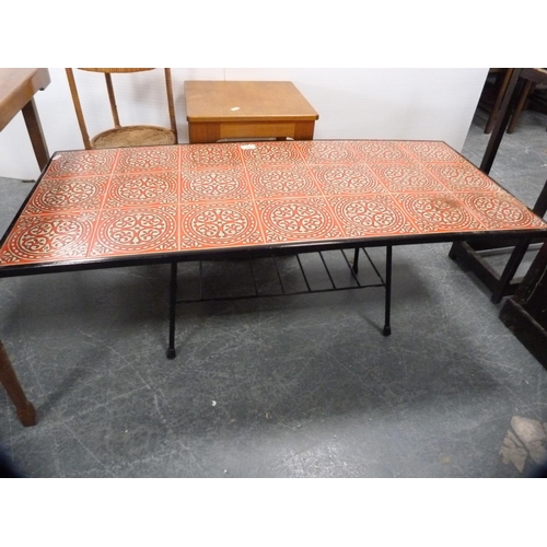 407 - Tile-top table, wicker cake stand and three other tables.  (5)