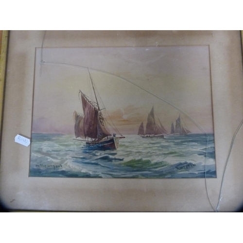 415 - Framed watercolour of a castle, another of a ship scene and another.  (3)