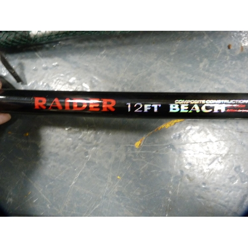 42 - Raider 12ft beach rod, landing net and a smaller rod etc.