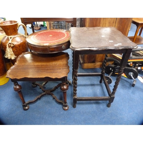 463 - Leather-topped drum table and two occasional tables.