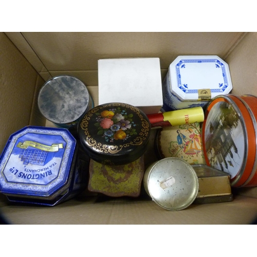 5 - Carton containing assorted biscuit and tea tins to include Rington's Tea etc.