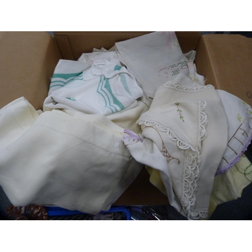 6 - Carton containing loose napery, linen, sewing accoutrements, pin cushions, scissors, thimbles etc.