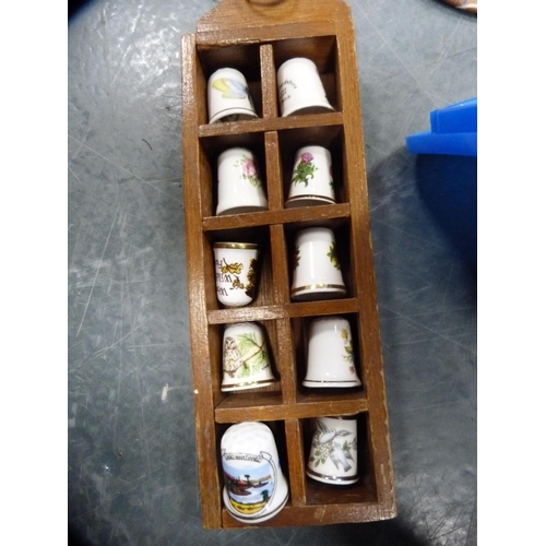 6 - Carton containing loose napery, linen, sewing accoutrements, pin cushions, scissors, thimbles etc.