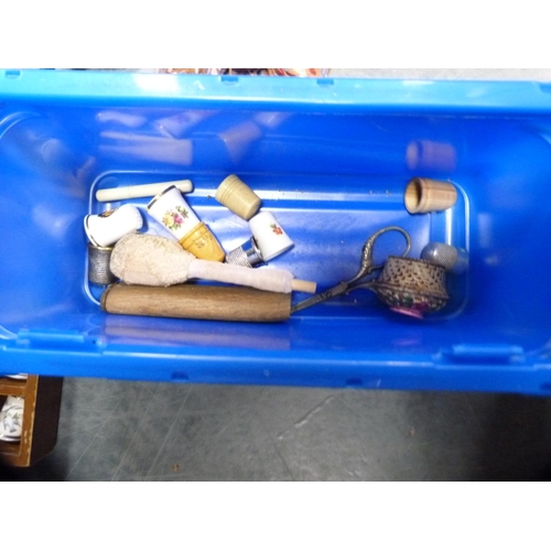 6 - Carton containing loose napery, linen, sewing accoutrements, pin cushions, scissors, thimbles etc.