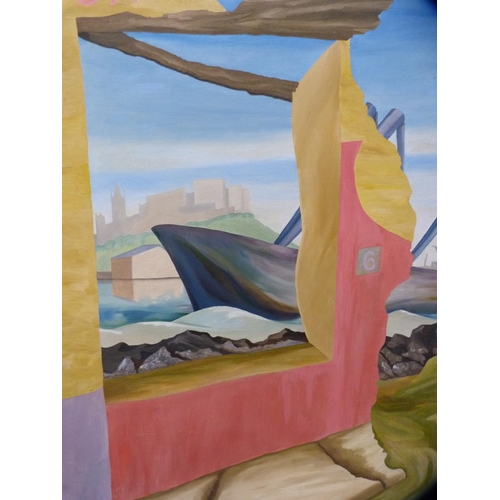 65 - Linklater (Contemporary)Abstract subject with a boat to the foreground, castle and cranes to the bac... 