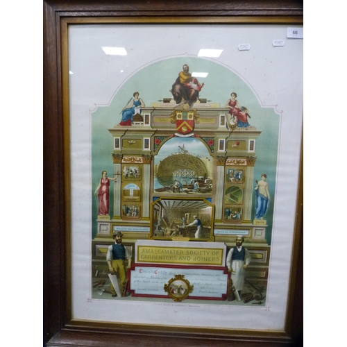 66 - Amalgamated Society of Carpenters and Joiners, framed coloured certificate.