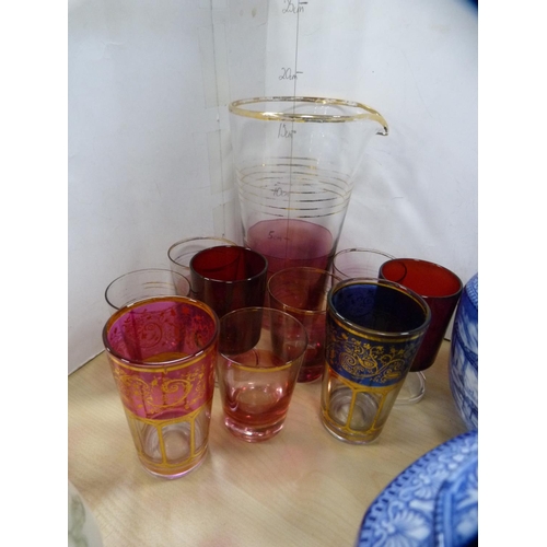 7 - Two Maling for Rington's octagonal jars, cranberry tinted glass water jug, various glasses, modern W... 