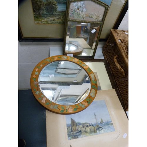 81 - Floral decorated circular mirror, another mirror with needlework panel, a harbour scene picture and ... 