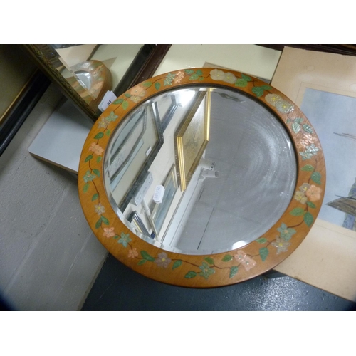 81 - Floral decorated circular mirror, another mirror with needlework panel, a harbour scene picture and ... 