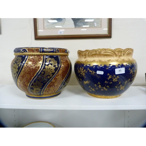 90 - Blue and gilt decorated jardinière and another.  (2)