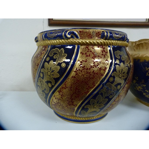 90 - Blue and gilt decorated jardinière and another.  (2)