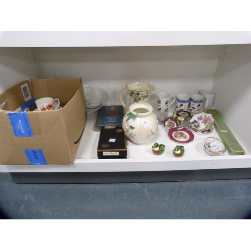 99 - Maling floral decorated vase, Rington's jug, boxed cutlery, teawares etc (one shelf).