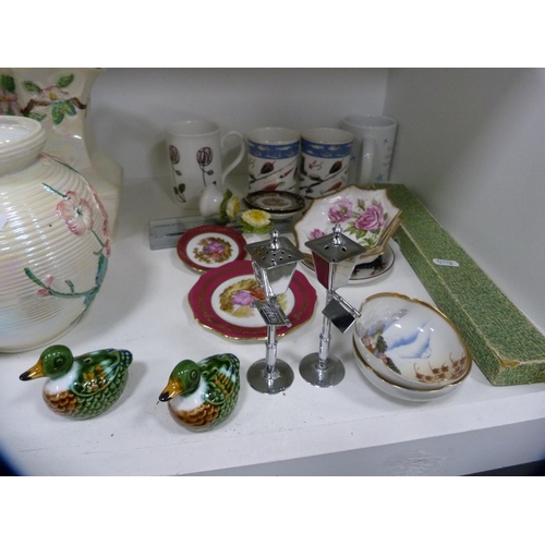 99 - Maling floral decorated vase, Rington's jug, boxed cutlery, teawares etc (one shelf).