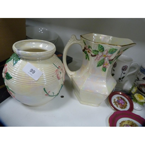 99 - Maling floral decorated vase, Rington's jug, boxed cutlery, teawares etc (one shelf).