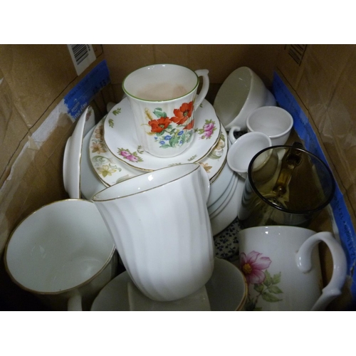 99 - Maling floral decorated vase, Rington's jug, boxed cutlery, teawares etc (one shelf).