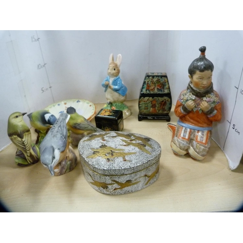 342 - Three Royal Worcester birds, Beswick bird, pair of small Shelley dishes, three eastern boxes, Beatri... 