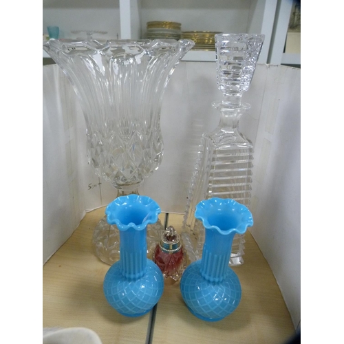 343 - Pair of blue glass vases, glass decanter, flower vase and a scent bottle.