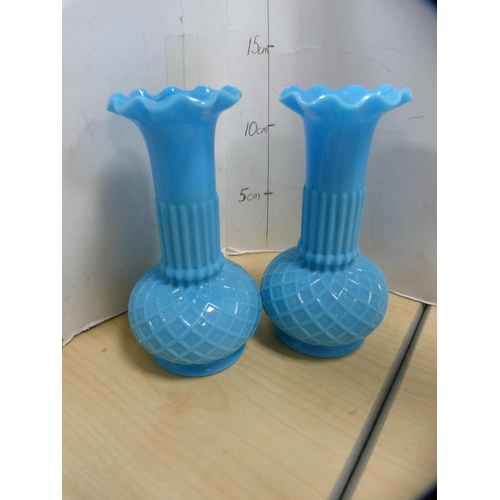 343 - Pair of blue glass vases, glass decanter, flower vase and a scent bottle.