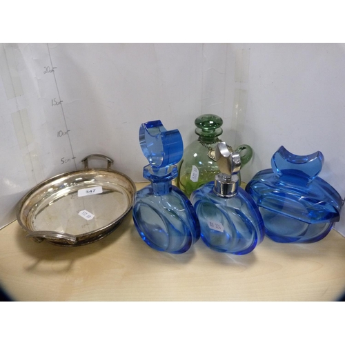 347 - Three Art Deco-style scent bottles, brandy jug and an EPNS twin-handled dish.