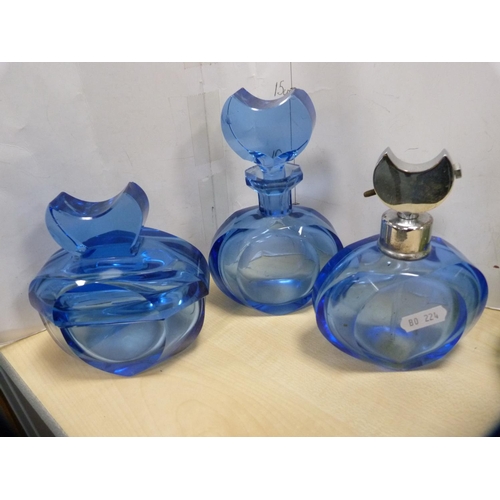 347 - Three Art Deco-style scent bottles, brandy jug and an EPNS twin-handled dish.