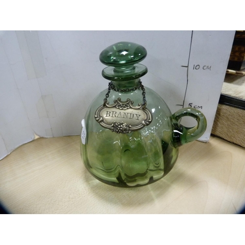 347 - Three Art Deco-style scent bottles, brandy jug and an EPNS twin-handled dish.