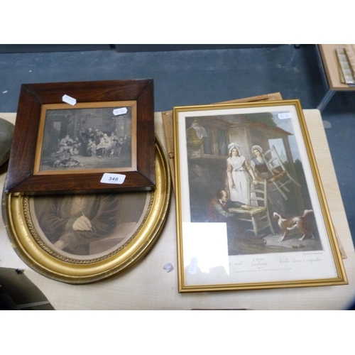 348 - Two oval mezzotints in gilt frame, four Cries of London prints and a print in a rosewood frame.