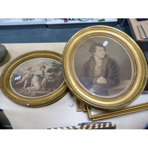 348 - Two oval mezzotints in gilt frame, four Cries of London prints and a print in a rosewood frame.