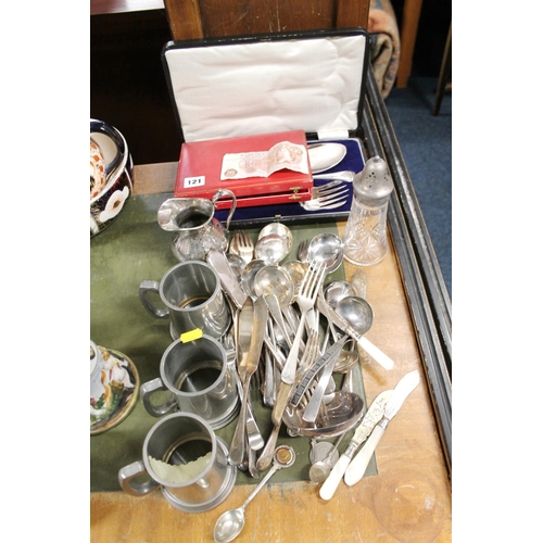 121 - Silver-plate to include flatware, pewter tankards, and a cut-glass sugar sifter, a ten shilling note... 