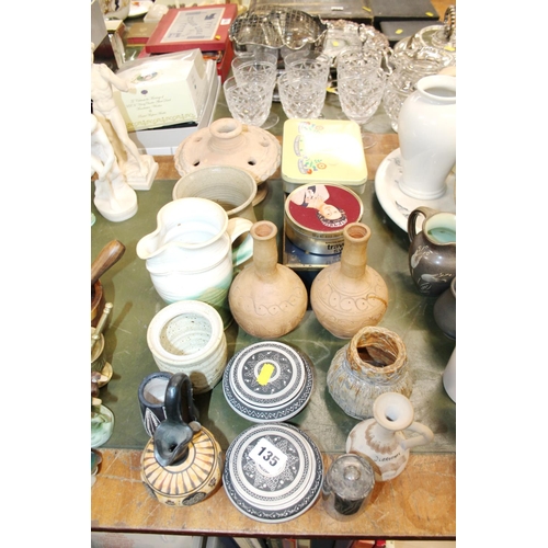 135 - Pots, vases, tins, clay vases, etc.