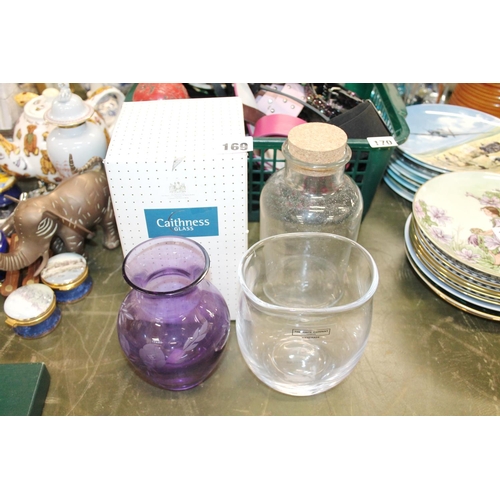 169 - The White Company glass vase, a Caithness Glass vase, and a glass jar with stopper.