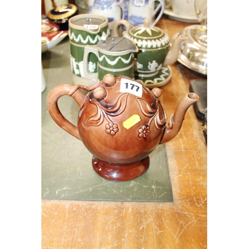 177 - Spode Cadogan type teapot with brown glazed, impressed marks to base 'Spode R Hiles', 18cm tall.