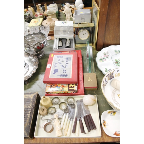 179 - Silver-plated condiments, flatware, an office set, a Post Office game, quartz mantel clocks, a Royal... 