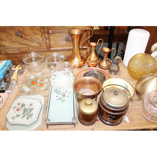 230 - Glassware to include trays, dishes, etc., copper ware to include jugs, trays, etc., and an oak biscu... 