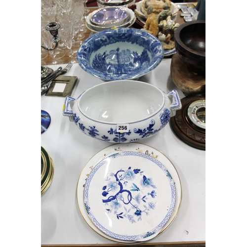 256 - Blue and white bowl, a tureen, plates, etc.