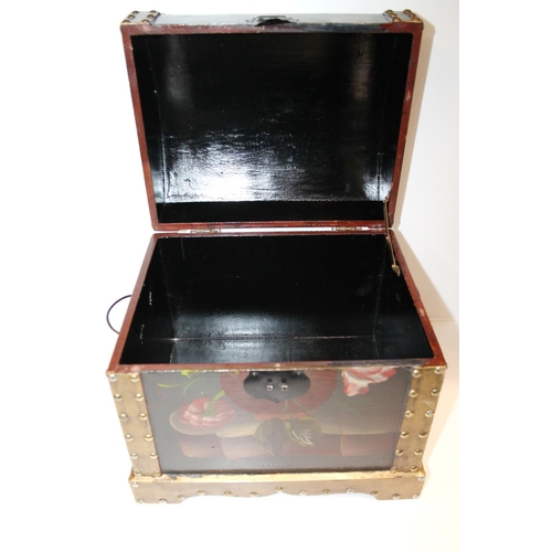 50 - Floral painted wooden storage box, with studded decoration.