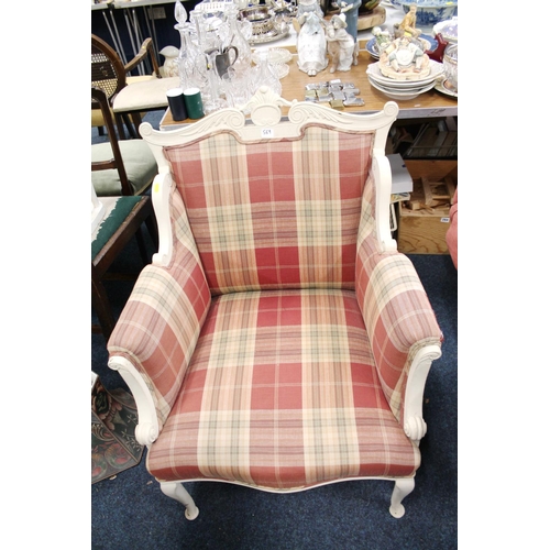 569 - White painted carved tartan upholstered armchair.