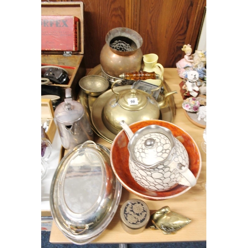 96 - Brass ware and silver-plate to include a kettle, a tureen, etc., and an Arthur Wood teapot.