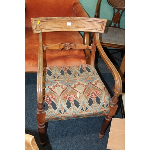 595 - Victorian mahogany bar-back armchair, upholstered in Liberty style fabric.