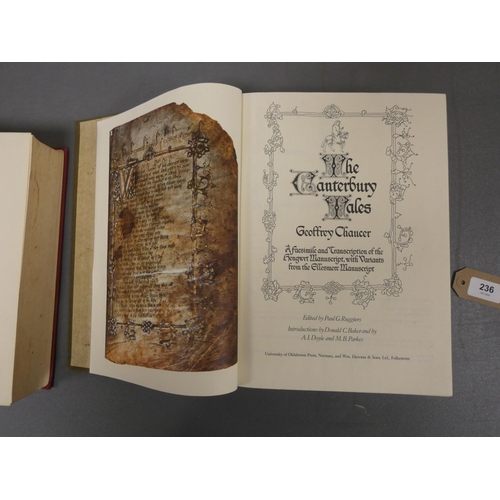 236 - CHAUCER GEOFFREY.  The Canterbury Tales, ed. by Paul G. Ruggiers. Facsimile plates. Quarto... 