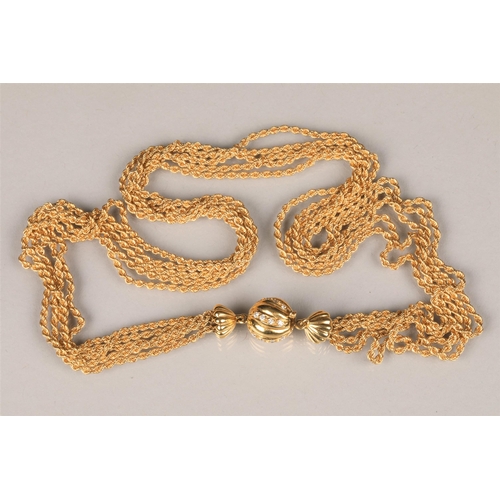 100 - Ladies 18 carat gold five strand rope twist necklace, with a spherical clasp set with diamonds, leng... 