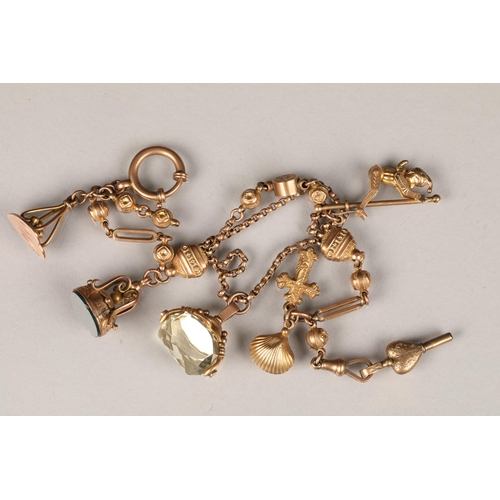 104 - 9 carat gold watch chain, with assorted fobs and charms, 32g