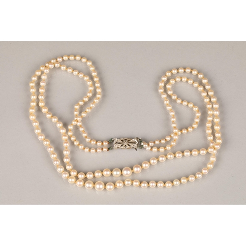 115 - Ladies double strand pearl necklace, with 9 carat white gold clasp