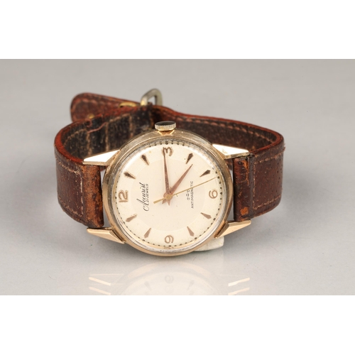 128 - Gents 9 carat gold accurist wristwatch, with hour marker batons, on brown leather strap