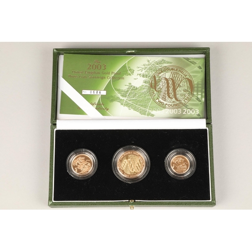 154 - Boxed 2003 gold proof three coin sovereign collection, including half sovereign, sovereign and two p... 