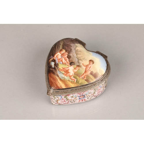 156 - 19th century French white metal and enamel trinket box, heart shaped, hand painted landscapes with p... 